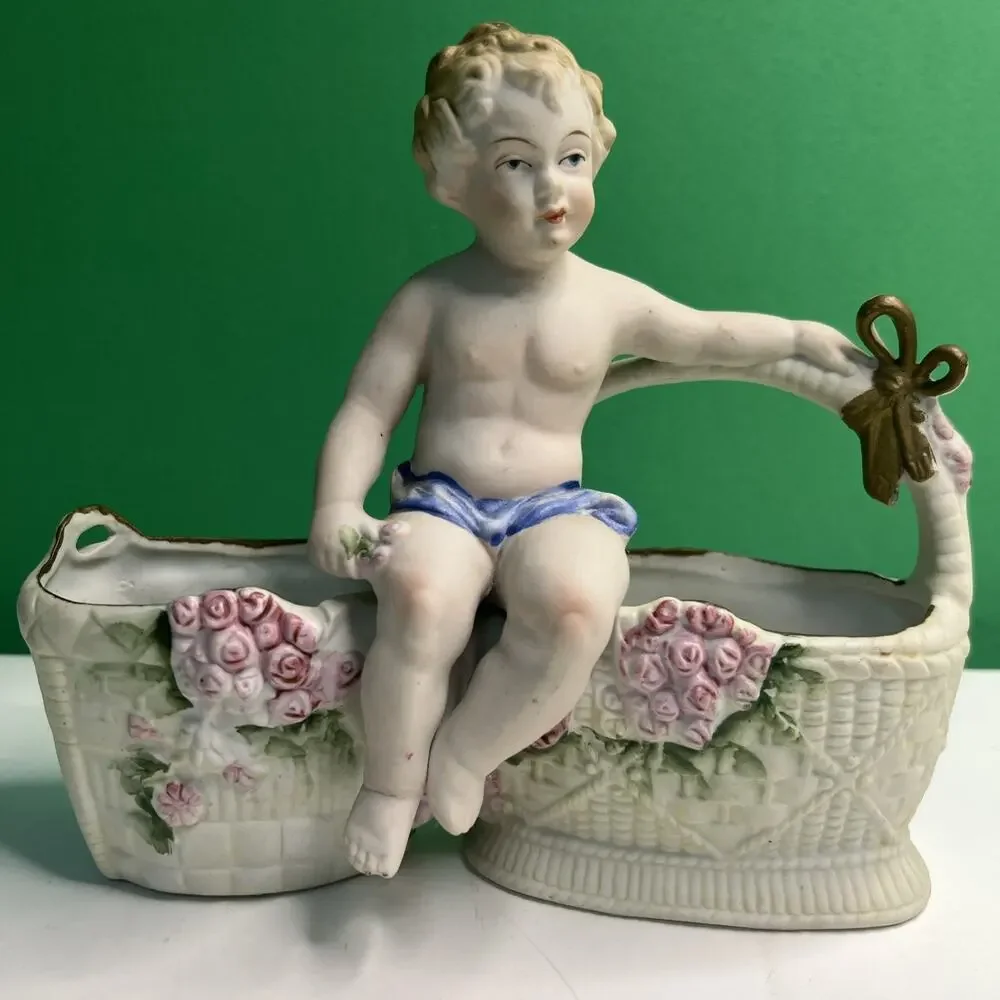 Antique Hal Sey Fifth Ave Cherub Bisque Figural Double Planter